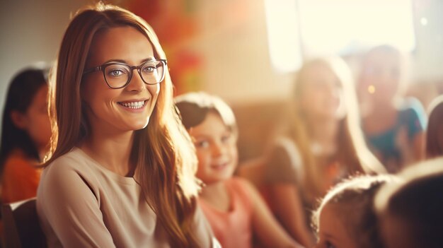 Foto una bella insegnante sorridente nella classe dei bambini irradia positività