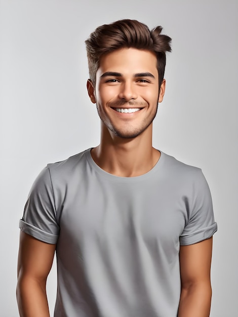 A handsome smiling young man wearing a tshirt white background