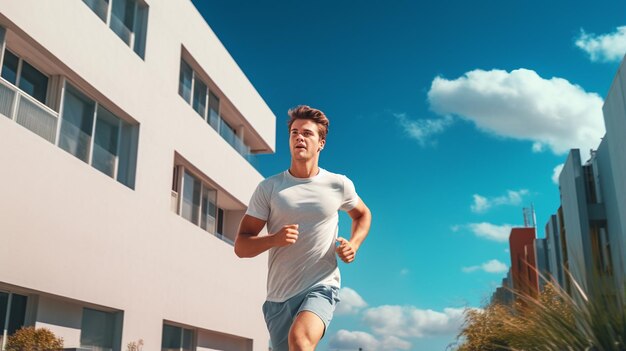 Photo handsome sportsman running in the morning