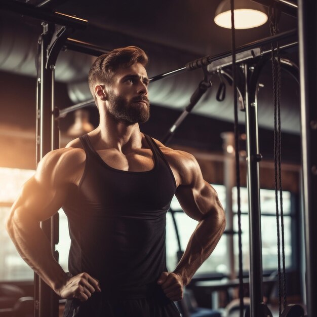 Handsome strong athletic man pumping up muscles with dumbbell in gym