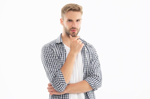 Handsome studio shot of unshaven man young unshaven man isolated on white background