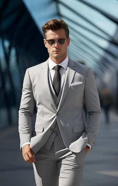 Photo a handsome stylish caucasian businessman in grey suit and wearing sunglasses in the city