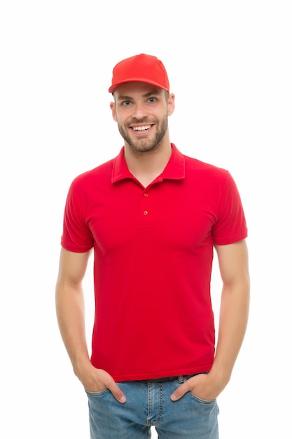 Handsome and stylish Happy hipster isolated on white Unshaven man in trendy hipster style Hipster lifestyle Cool hipster wear baseball cap Fashion and style