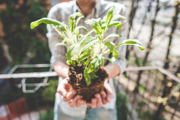 handsome stylish man gardening