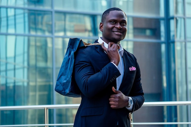 Bello ed elegante uomo afro maniaco dello shopping in una giacca nera alla moda e una camicia bianca con un colletto che tiene uno sfondo di borsa della spesa del paesaggio urbano degli uffici di vetro di manhattan