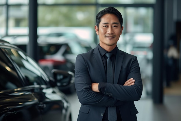 Handsome successful businessman standing in car showroom