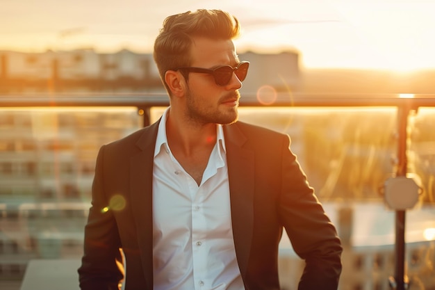 Photo handsome successful man wearing business suit sunglasses posing on city street