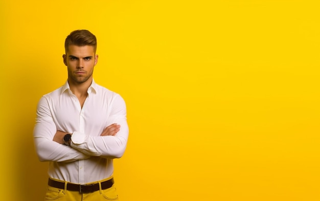 Photo handsome tall arabian beard man model at yellow shirt with yellow background