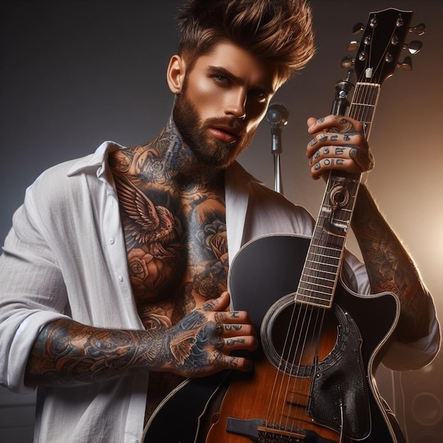 A A handsome tattooed man with a white tshirt holding a guitar 2