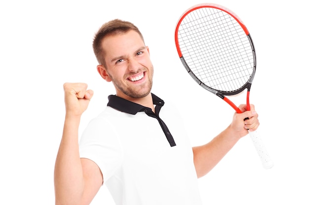 a handsome tennis player cheering over white background