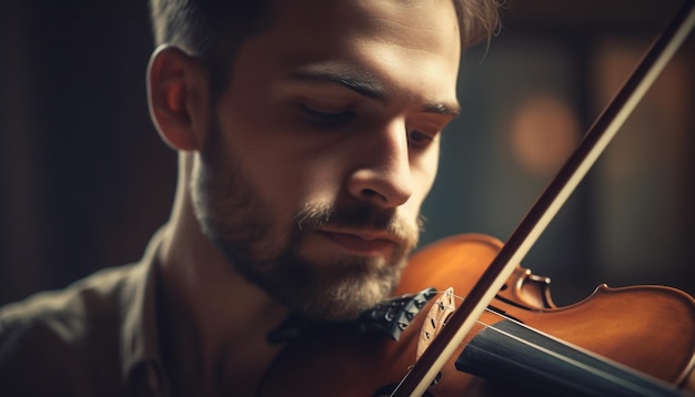 AI가 생성한 전문 기술로 실내에서 연주하는 잘생긴 바이올리니스트