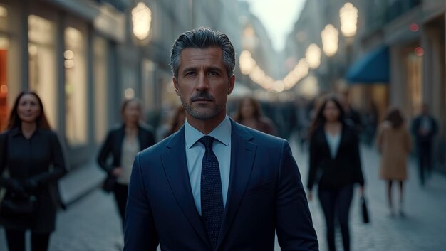 Handsome welldressed businessman in suit walking the downtown street