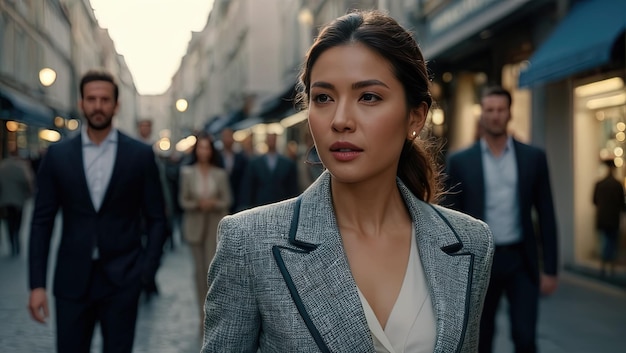 Handsome welldressed businesswoman in suit walking the downtown street