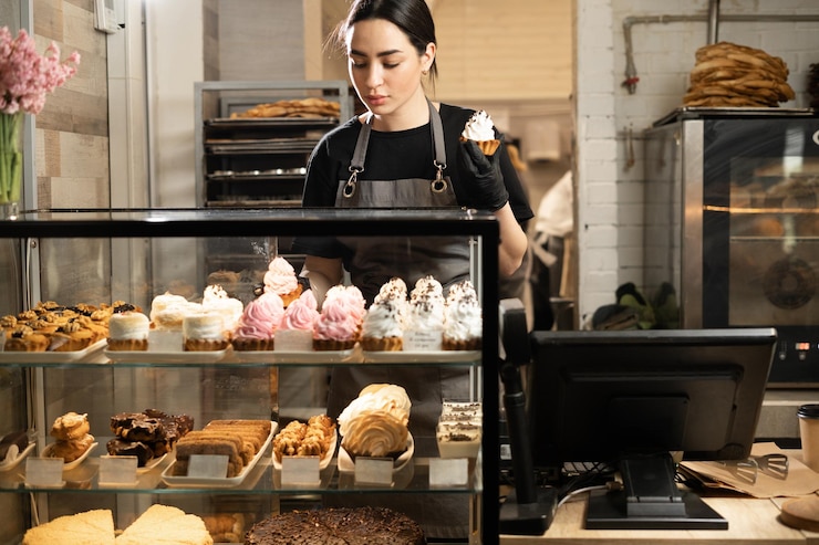 Photo handsome woman coffee shop employee placing pastry and cake in bakery refrigerator showcase at cafe small business part time job