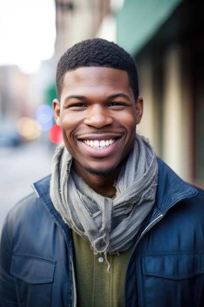 A handsome young african american man smiling at you in a city street created with generative ai