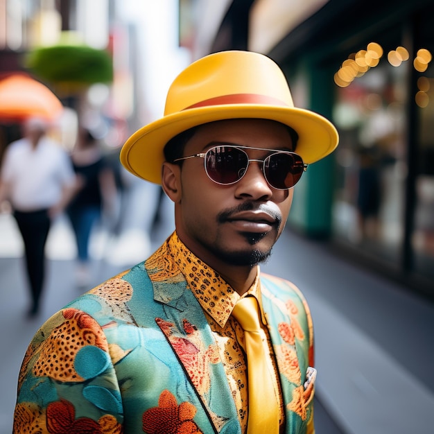 스타일리시한 옷과 모자를 입은 잘생긴 젊은 아프리카계 미국인 남자가 거리에서 포즈를 취하고 있습니다.