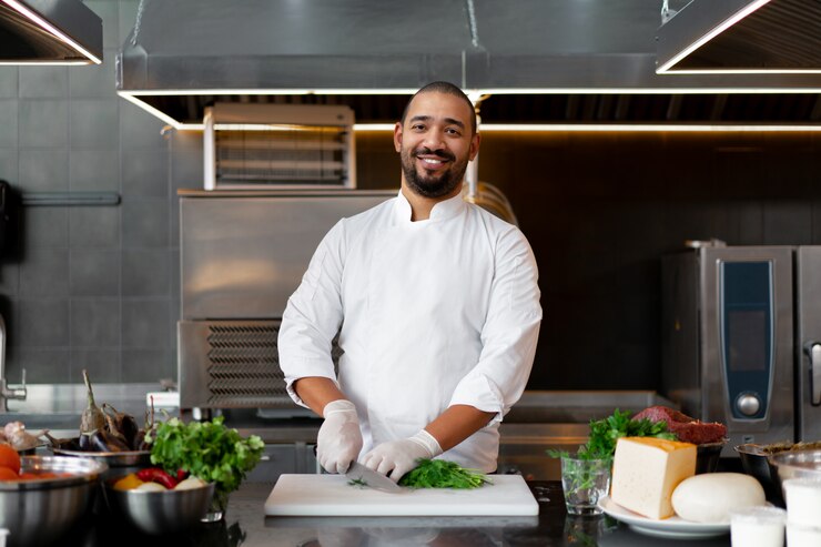 Photo handsome young african chef standing in professional kitchen in restaurant preparing a meal of meat and cheese vegetables. portrait of man in cook uniform cuts dill with a metal knife.