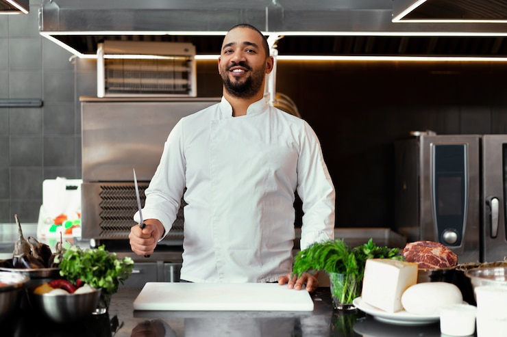 Photo handsome young african chef standing in professional kitchen in restaurant preparing a meal of meat and cheese vegetables. portrait of man in cook uniform. healthy eating concept.