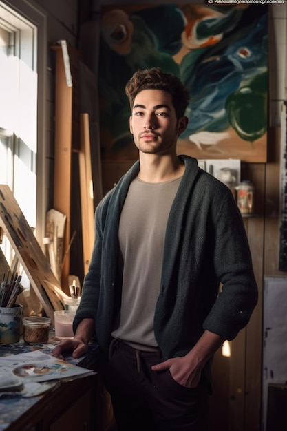 A handsome young artist standing in his art studio created with generative ai