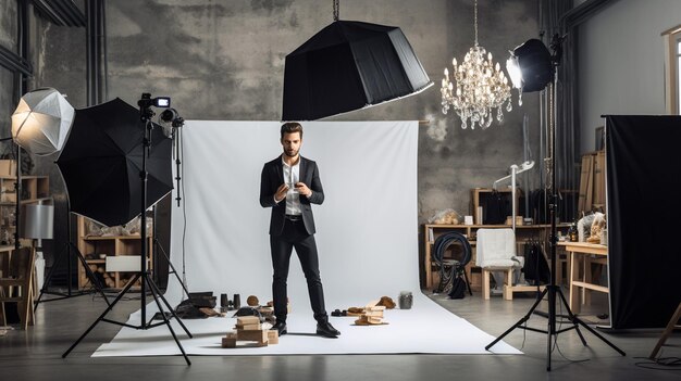 Photo handsome young artist with his camera and his handsome bearded man is making picture in studio