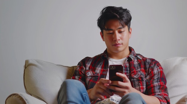 Красивый молодой азиат использует сотовый телефон, серфирует в Интернете или проверяет социальные сети, сидит в удобном кресле, наслаждается современными технологиями и проверяет новое мобильное приложение против белой студии.