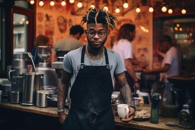 Handsome young bearded black barista making coffee in cafe