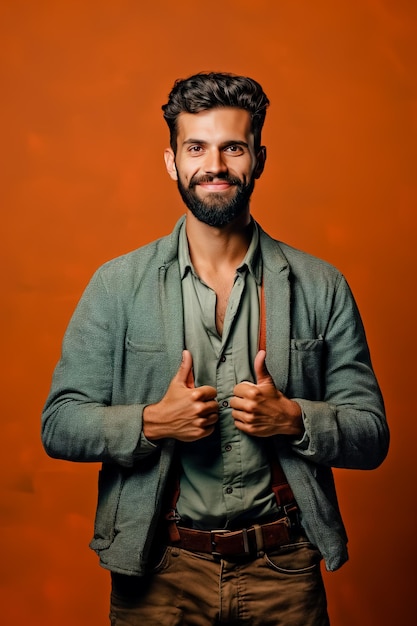 A handsome young bearded man in a jacket holding his hands in front of him on an orange background