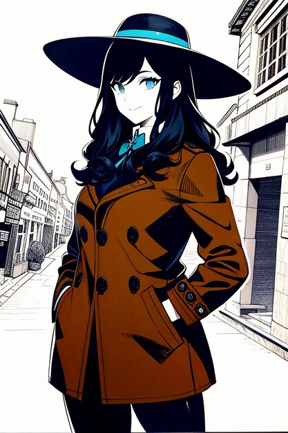 Handsome young beautiful girl in dark coat and retro hat wallpaper background illustration