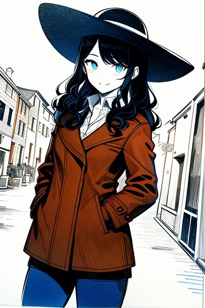 Handsome young beautiful girl in dark coat and retro hat wallpaper background illustration