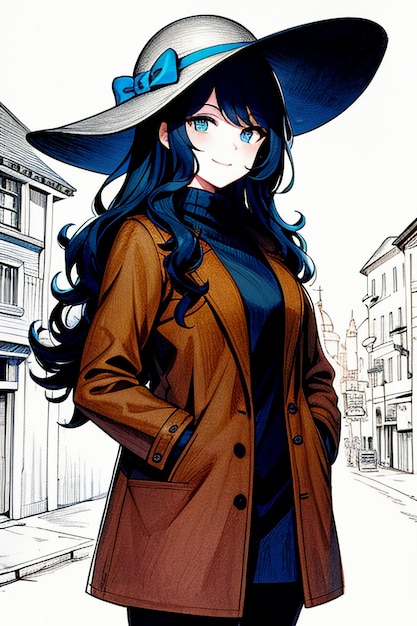 Handsome young beautiful girl in dark coat and retro hat wallpaper background illustration