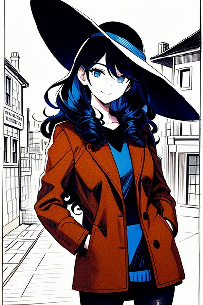 Handsome young beautiful girl in dark coat and retro hat wallpaper background illustration