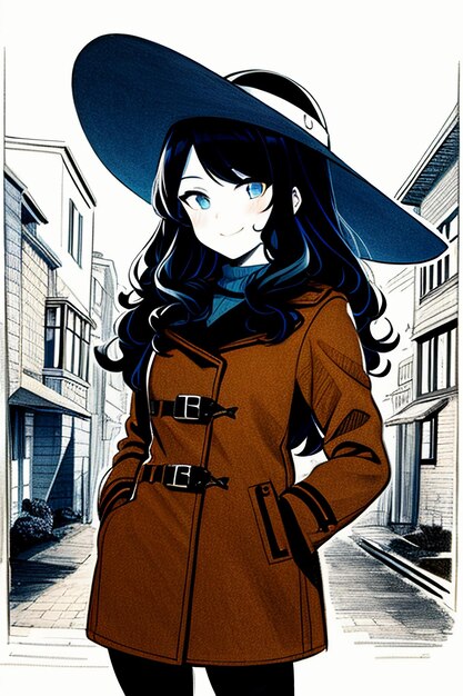 Handsome young beautiful girl in dark coat and retro hat wallpaper background illustration