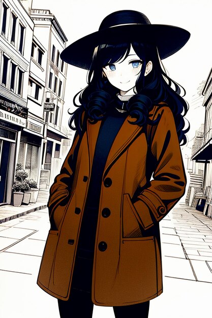 Handsome young beautiful girl in dark coat and retro hat wallpaper background illustration