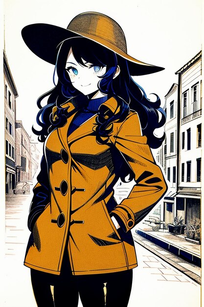 Handsome young beautiful girl in dark coat and retro hat wallpaper background illustration