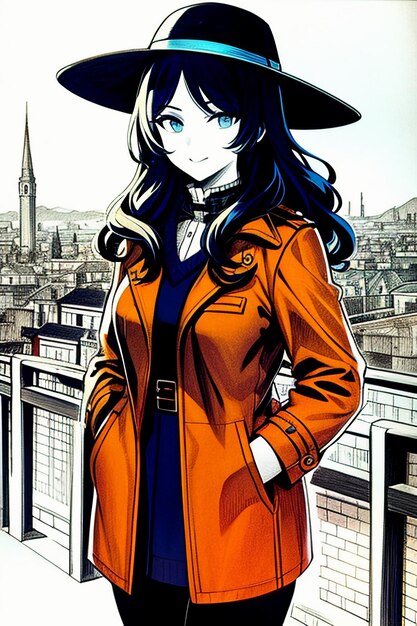 Handsome young beautiful girl in dark coat and retro hat wallpaper background illustration