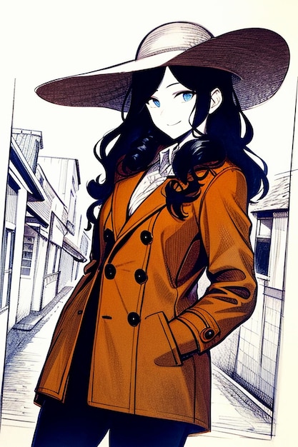 Фото Красивая молодая красивая девушка в темном пальто и ретро шляпе обои иллюстрация фона