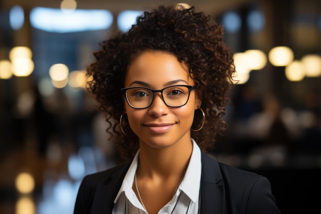 Photo handsome young black woman wearing eyeglasses standing and looking at the camera she works in a thriving company