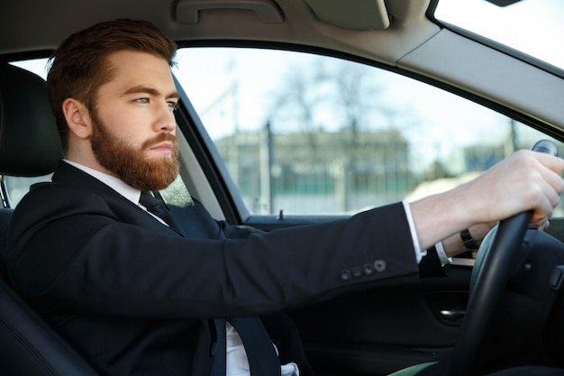 Bel giovane uomo d'affari alla guida della sua auto