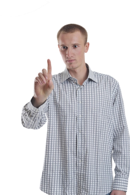 handsome young business man touching screen isolated on white bacground