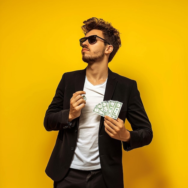 Handsome young businessman holding money and showing