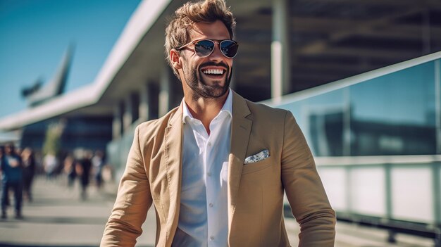 Photo handsome young businessman is walking on the street and smiling