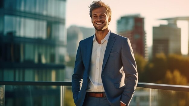 Photo handsome young businessman is walking on the street and smiling