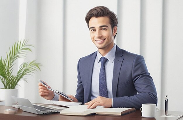 Photo a handsome young businessman is working at a desk in an office businessman employee work vol 66