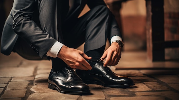 handsome young businessman sitting on chair and touching his knee