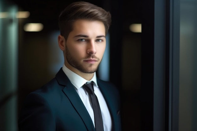 Красивый молодой бизнесмен, стоящий в офисе, созданный с помощью генеративного ИИ