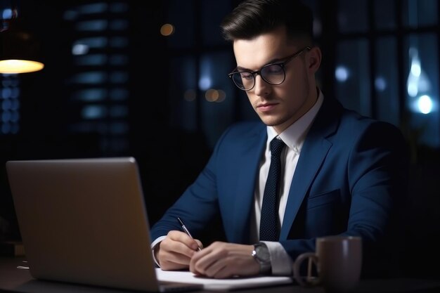 Красивый молодой бизнесмен, использующий свой ноутбук во время работы допоздна, созданный с помощью генеративного ИИ