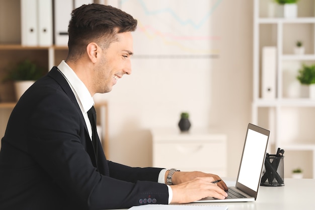 Handsome young businessman working in modern office