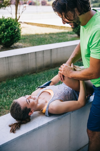 Handsome young couple have training outdoors