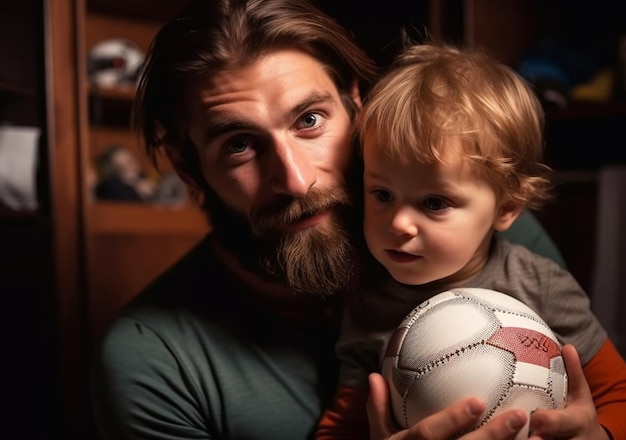 Bel giovane papà con figlio piccolo che gioca con la palla a casa felice festa del papà ai generato