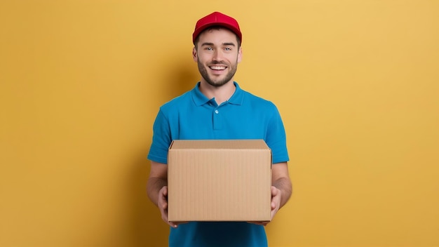 Handsome young delivery man with box isolated on white background